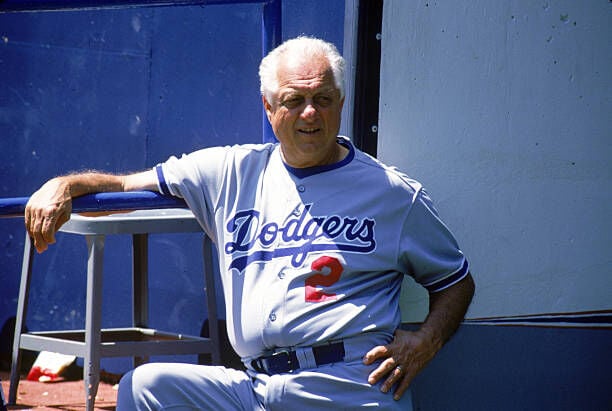 Los Angeles Dodgers manager Tommy Lasorda #2 looks on during a game.  Lasorda managed the Dodgers from 1976-96.  (Photo by Ron Vesely/MLB Photos via Getty Images)