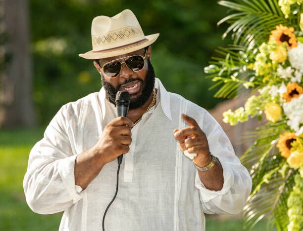 UNSPECIFIED - AUGUST 9: Jermaine Bryson performs during a funeral service for Kool and the Gang founding member Dennis Thomas on August 9, 2021 at a private cemetery in New Jersey. (Photo by Mychal Watts/Getty Images for ABA)